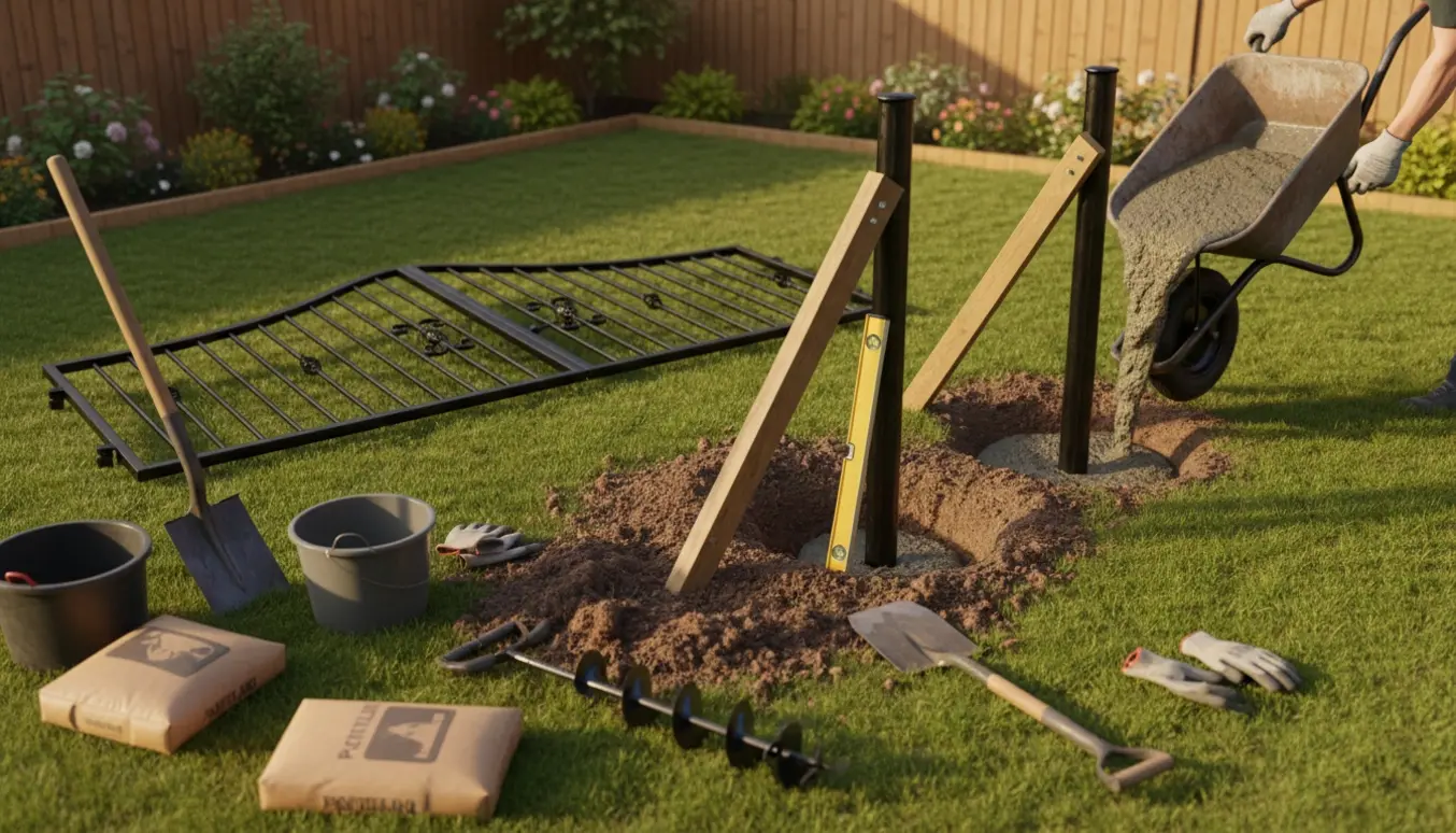 To jernstolper sættes i havejord og støbes med våd beton, med værktøj og en dobbeltport klar ved siden af.