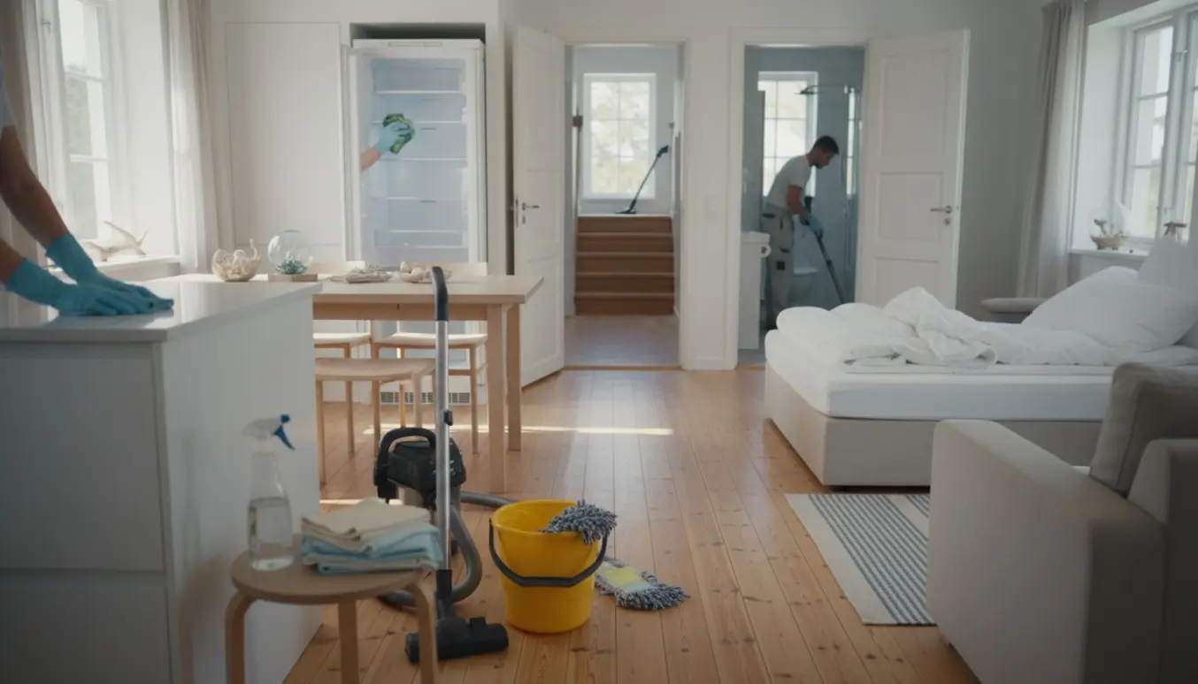 Sommerhusinteriør med rengøringsudstyr, åben køleskab og pænt lagte dyner og puder.