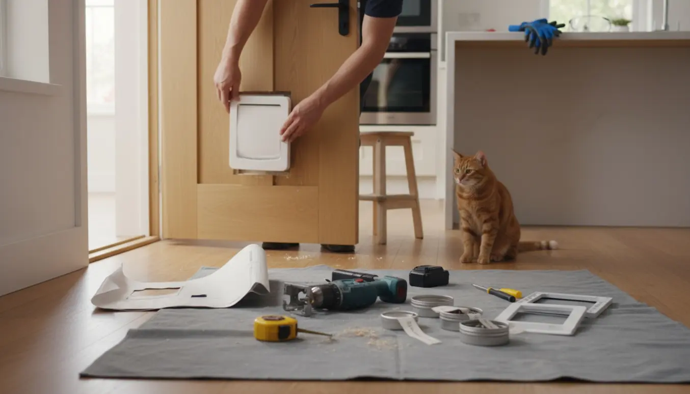 Installering af en mikrochip-kattelem i en træ-køkkendør med værktøj og en nysgerrig kat.