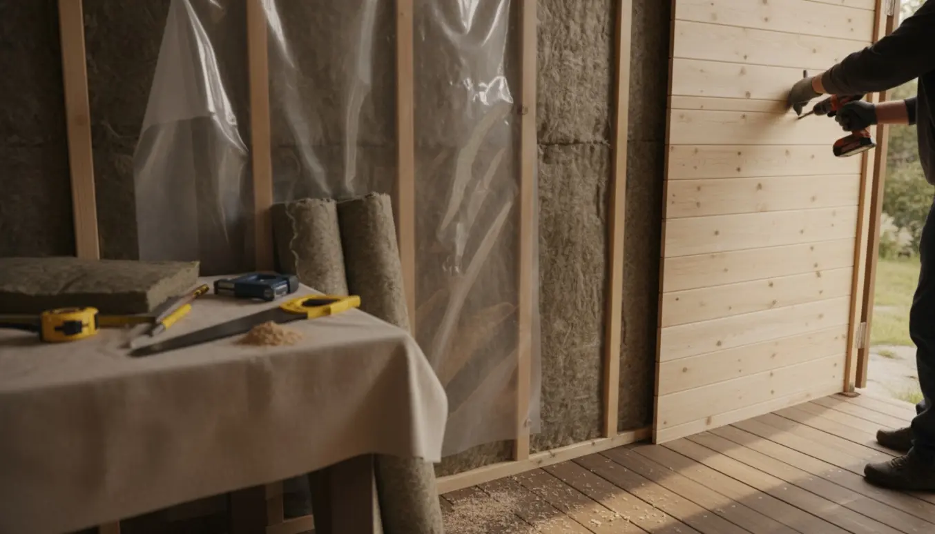 Indvendigt skur under isolering med mineraluld og træplader, naturligt lys.