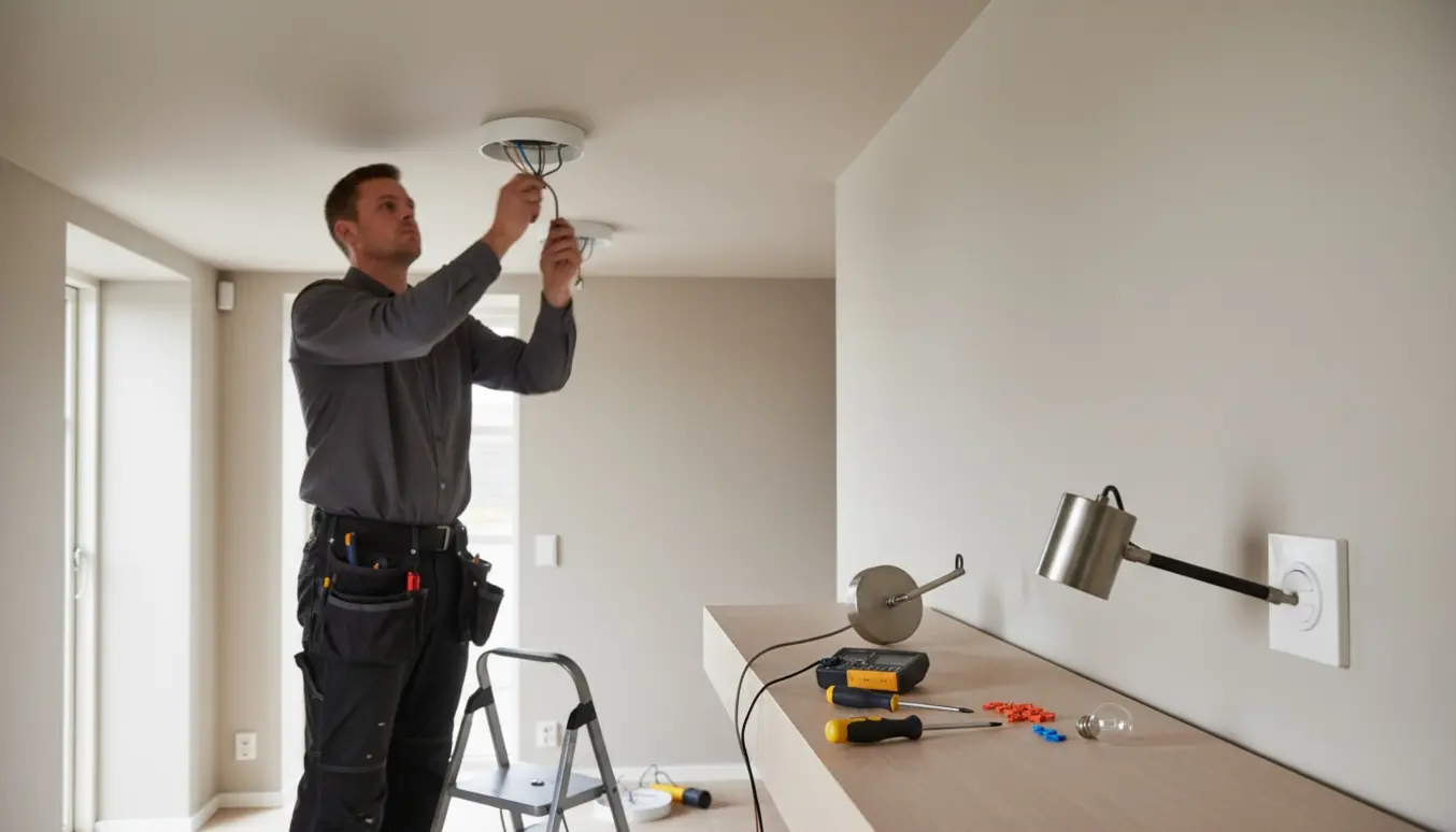 En elektriker monterer runde loftslamper i en lys entré med værktøj og dimmer til fejlsøgning.