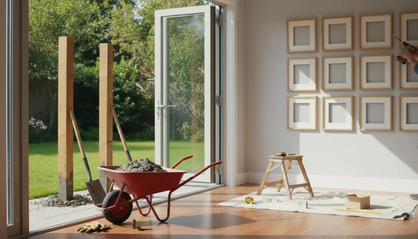 Åben patio med to trælægter støbt i frisk beton udenfor og hængning af ti billedrammer i stuen med boremaskine.