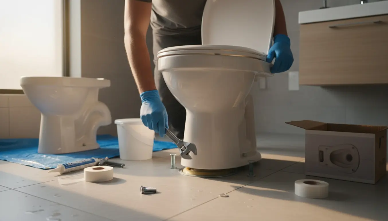 Ny hvid toilet monteres i et badeværelse med værktøj og en afmonteret gammel toilet ved siden af.