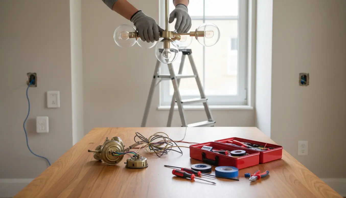 Hænder monterer en ny pendellampe over et spisebord, med stige, værktøj og to stikkontakter synlige i rummet.