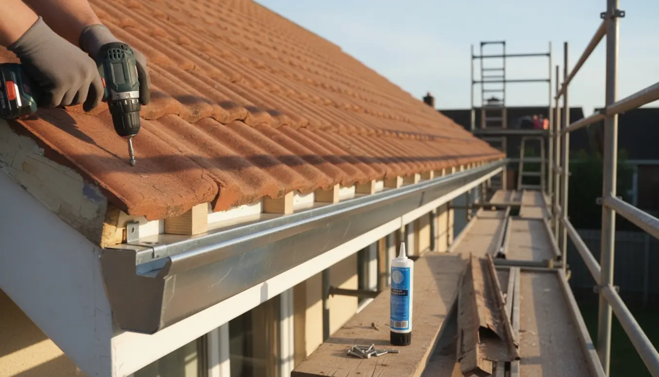 Nærbillede af handskerede hænder, der monterer nye tagrender og fugleklodser langs husets tagrende.