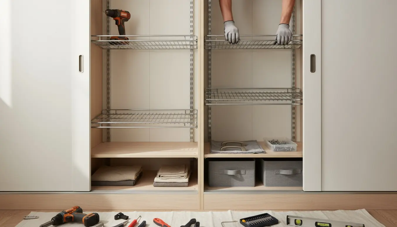 Nærbillede af hænder, der monterer trådhylder og fastgør dørgreb i et hvidt skab.