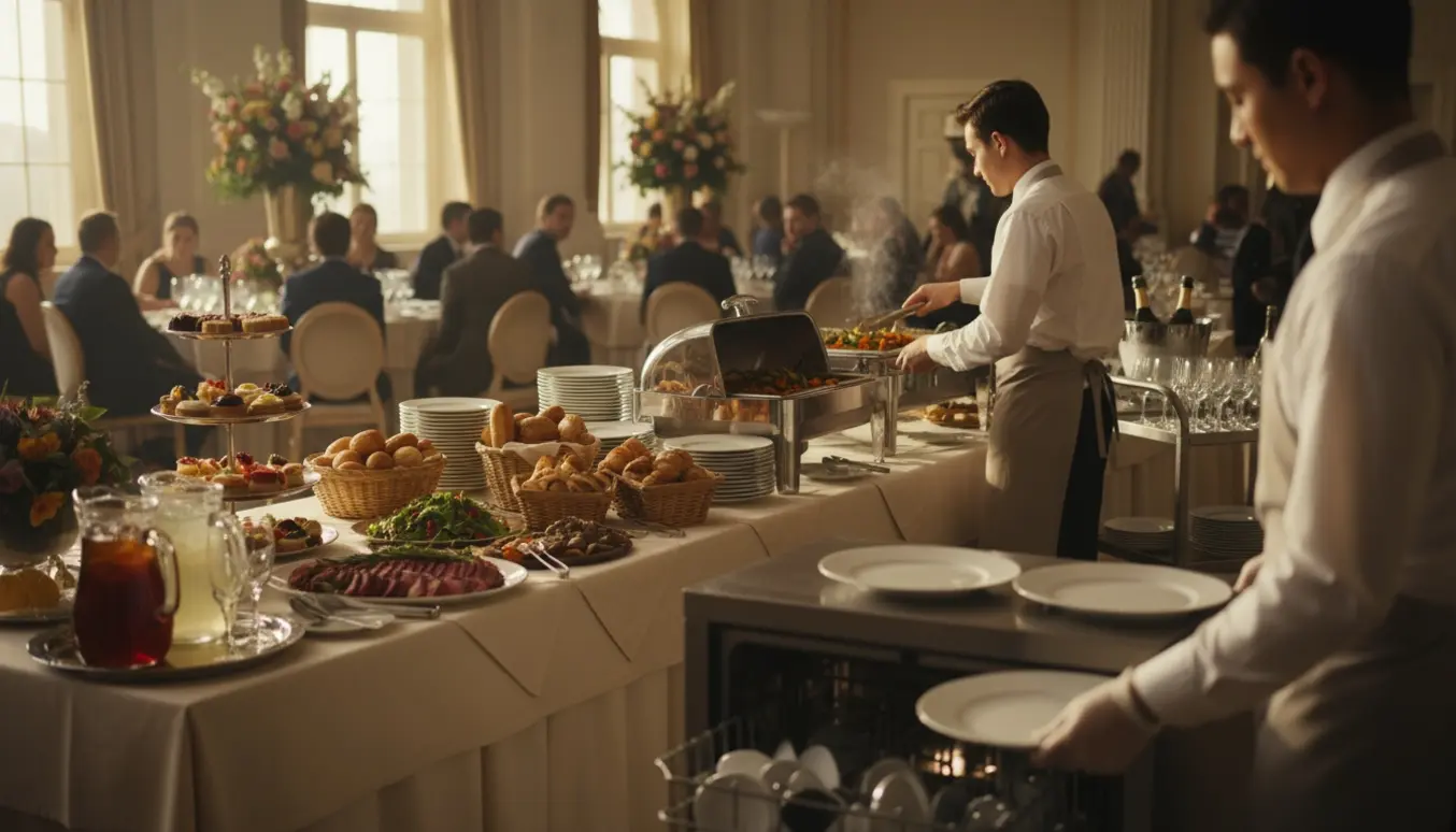 To serveringshjælpere ved et buffetbord til en konfirmation med fade, opvaskemaskine og servicevogn.
