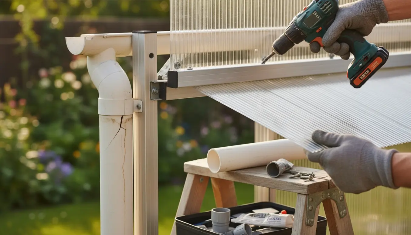 Hænder udskifter polycarbonat tagplader på et drivhus, mens en revnet nedløbsrør ligger synlig ved siden af.