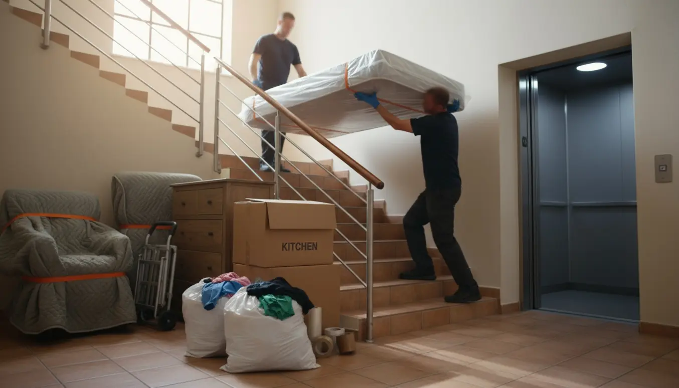 Flyttemænd bærer en madras op ad en trappe med kommoder, flyttekasser og en indpakket lænestol i opgangen.