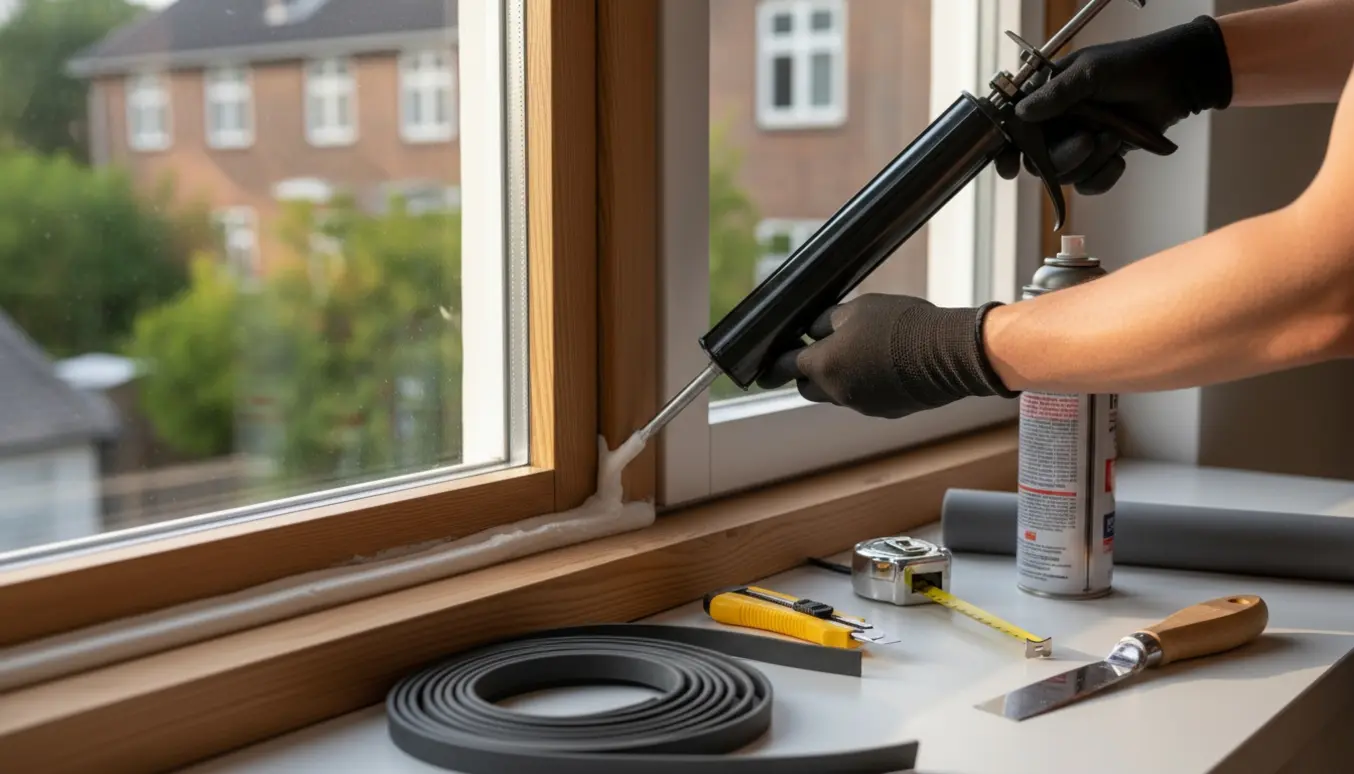 Nærbillede af hænder, der fuge og udskifter tætningsliste ved en vinduesramme.