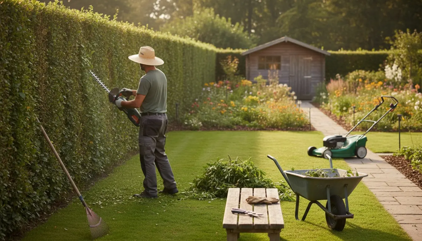 En havehjælper set bagfra beskærer en hæk i en velplejet have med rive, trillebør og beskæringsværktøj i forgrunden.