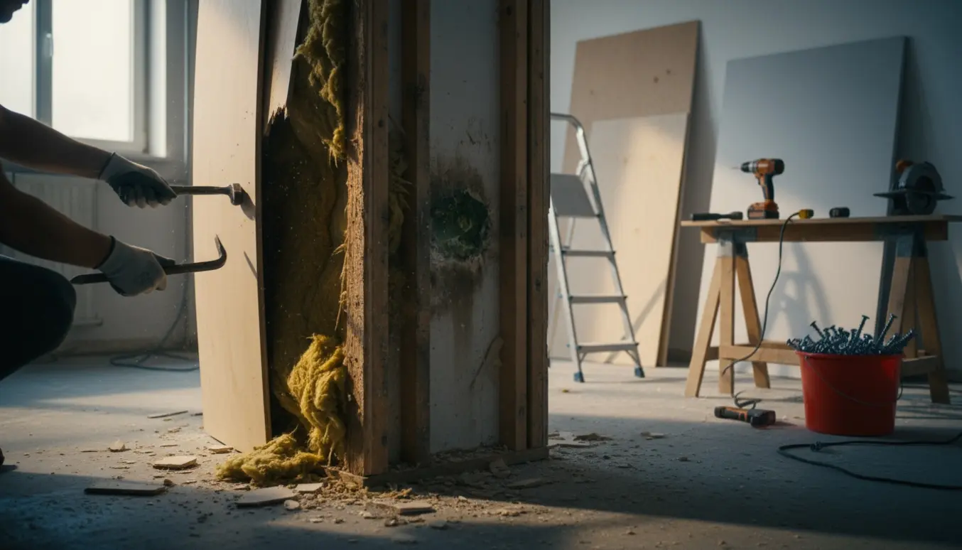 Værksted under renovering med fjernede vægplader, eksponerede stolper og værktøj klar til montering.