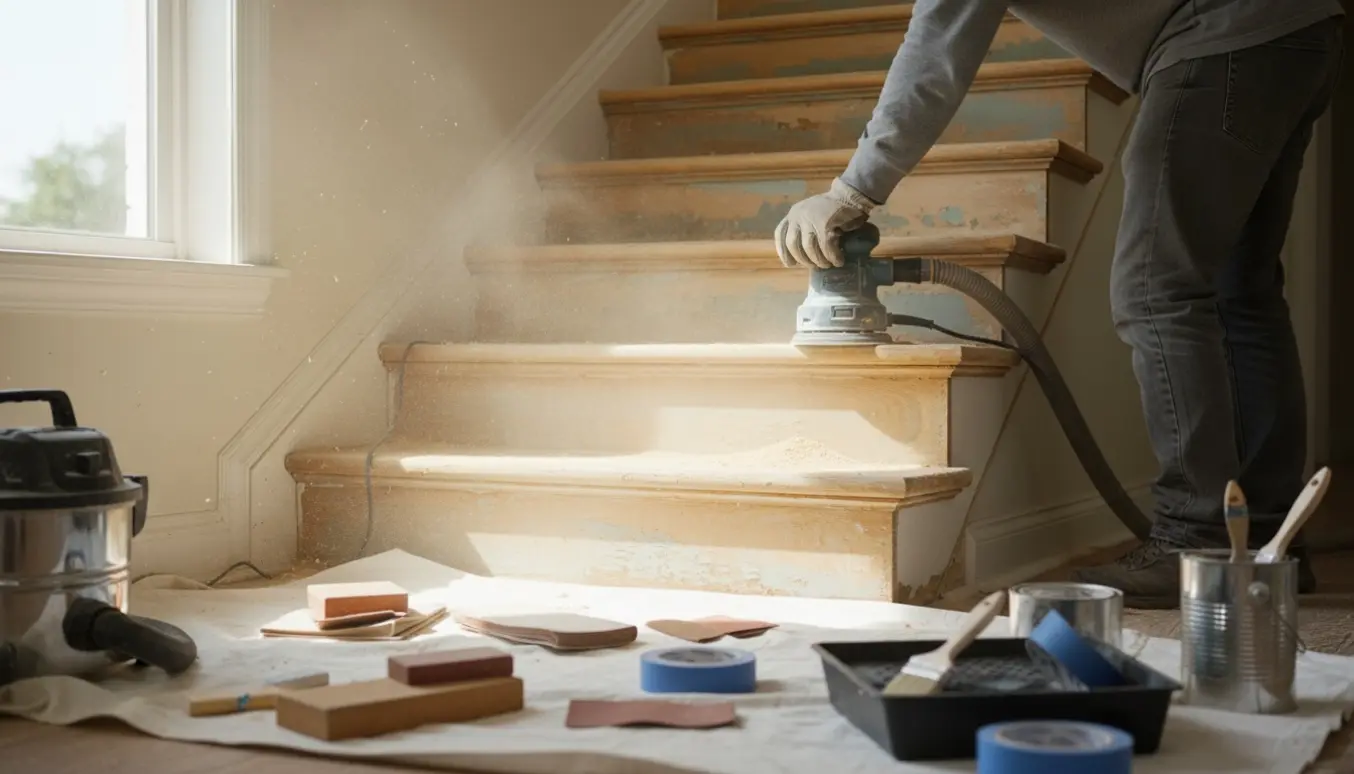 Delvist slebet trappe med slibemaskine og træstøv i naturligt lys.