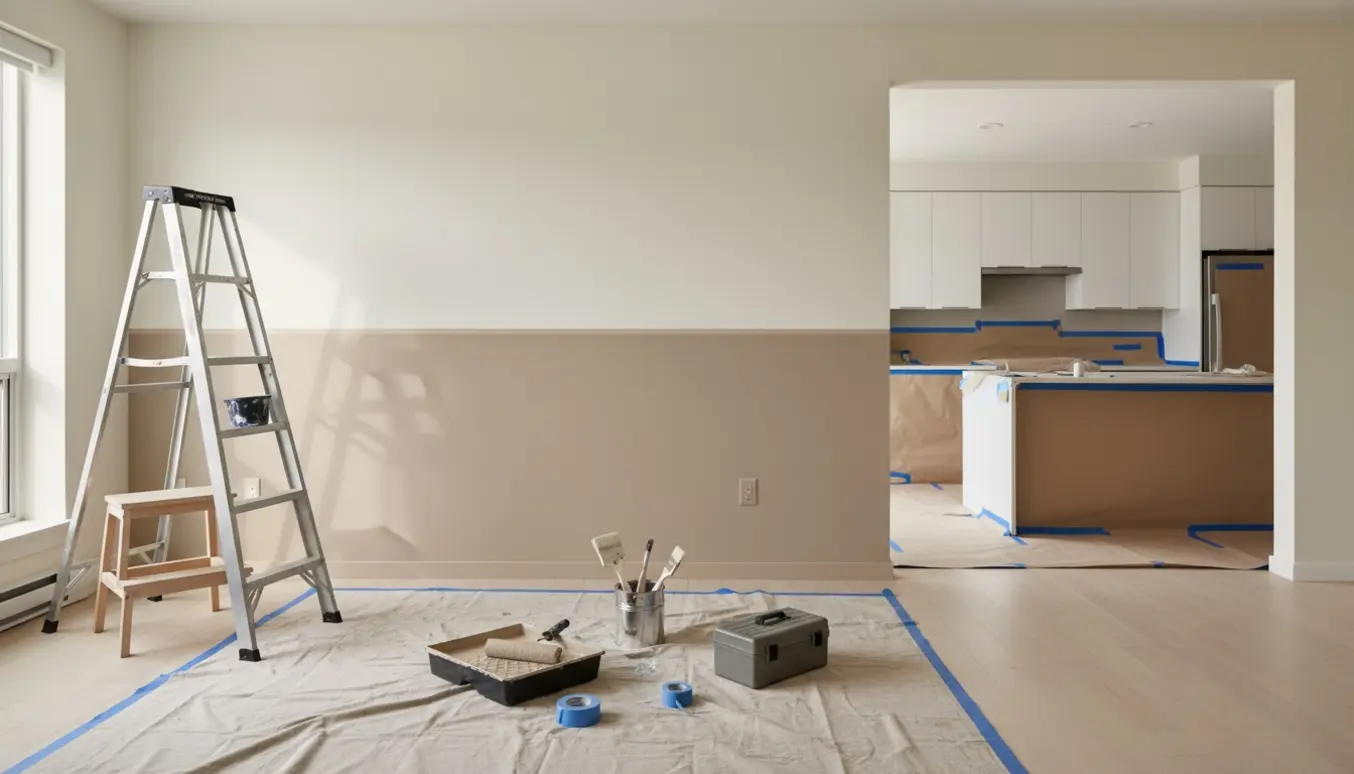En lys lejlighed med en halvmalet væg, stige, rulle, pensler og afdækningsmateriale klar til malerarbejde.