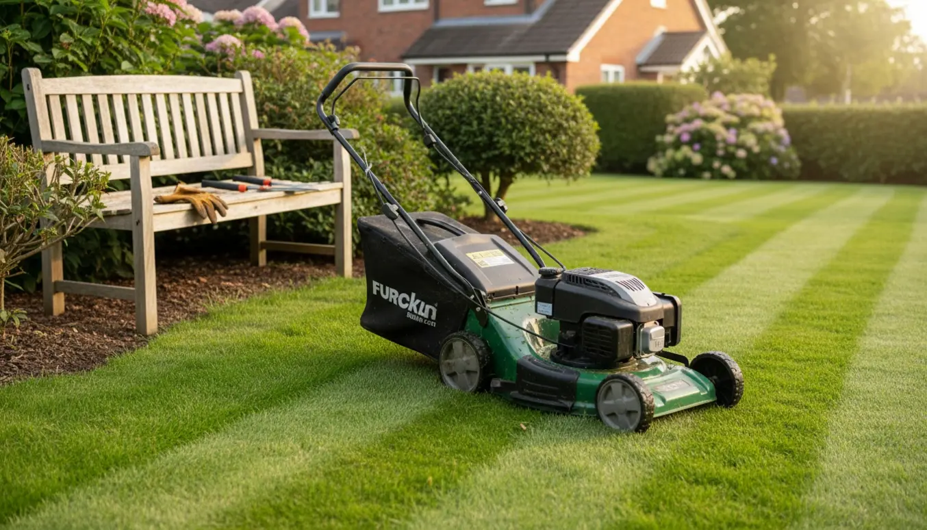 Petrolgræsslåmaskine på en nyklippet plæne med tydelige slåmønstre og redskaber til lejlighedsvis beskæring.