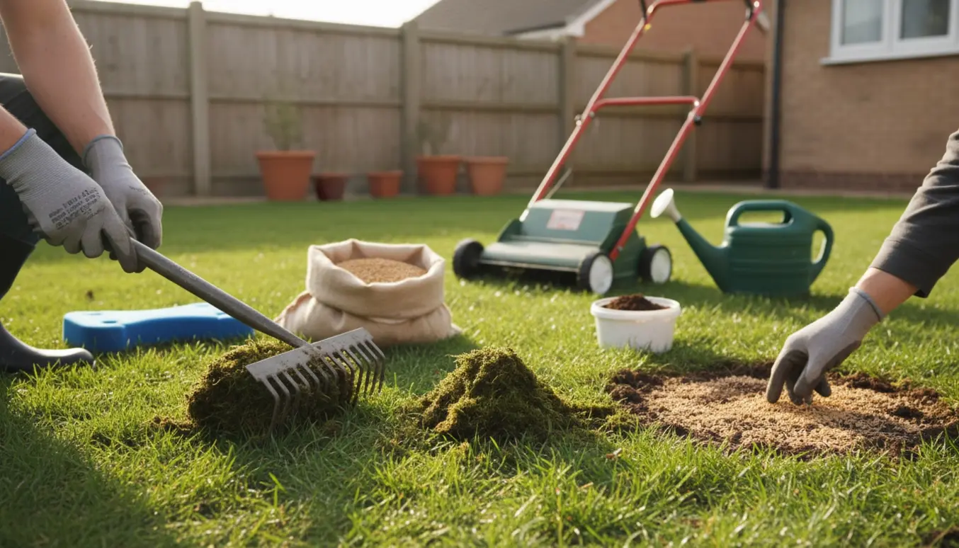 Nærbillede af handsker, der fjerner mos og sår græsfrø i bare pletter på en soloplyst græsplæne.