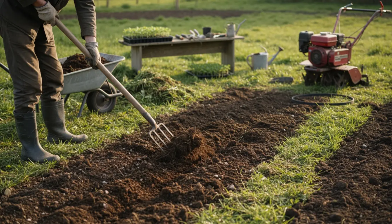 Delvist fræset køkkenhave med gravredskaber og en ødelagt fræser i baggrunden.