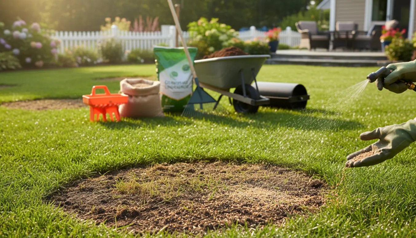 Hænder spreder græsfrø og gødning på en rummelig bagplæne i blødt morgenguld lys.