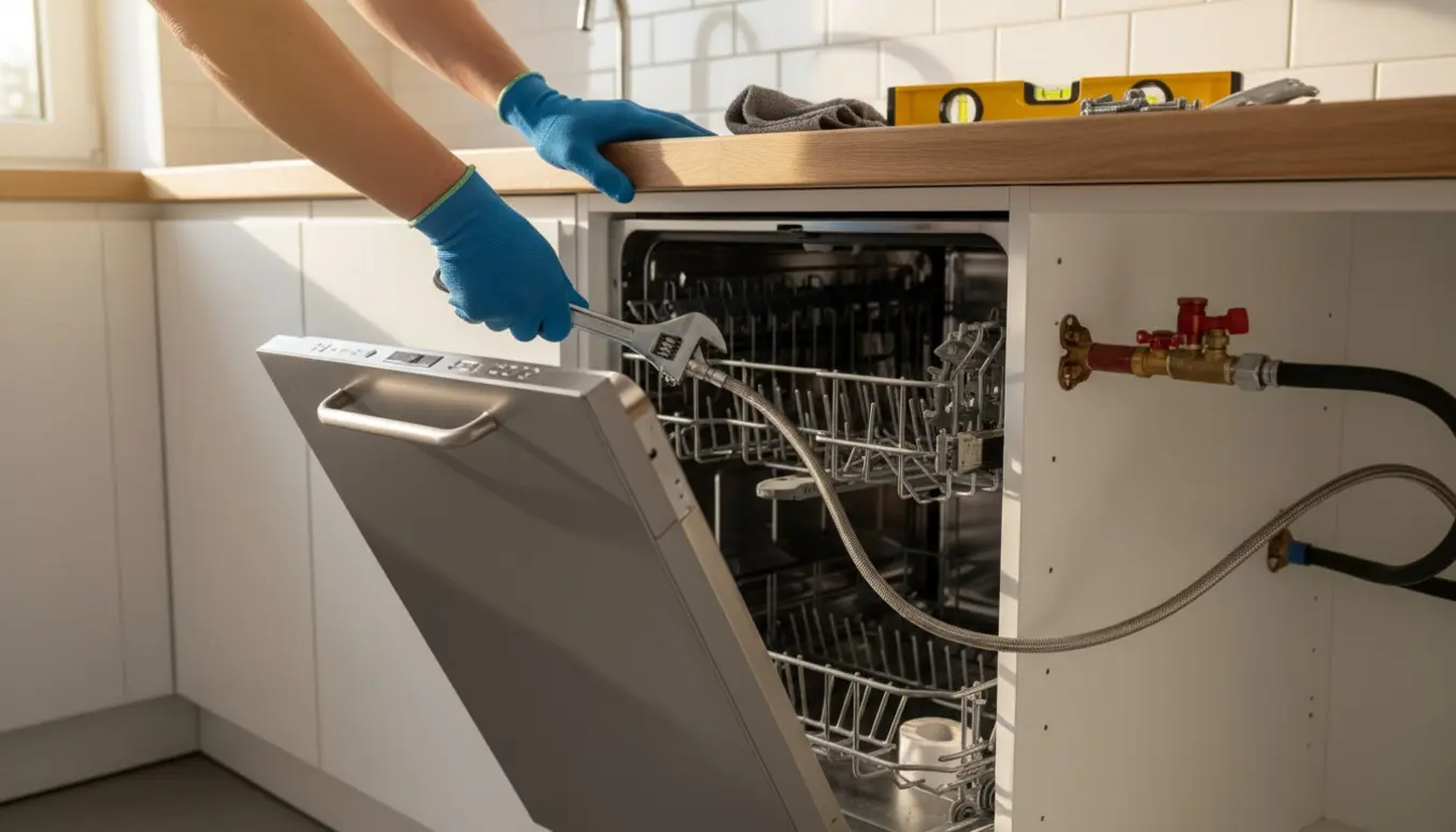 En opvaskemaskine er ved at blive tilsluttet under køkkenbordet, hænder strammer forsyningsslangen med en skruenøgle.