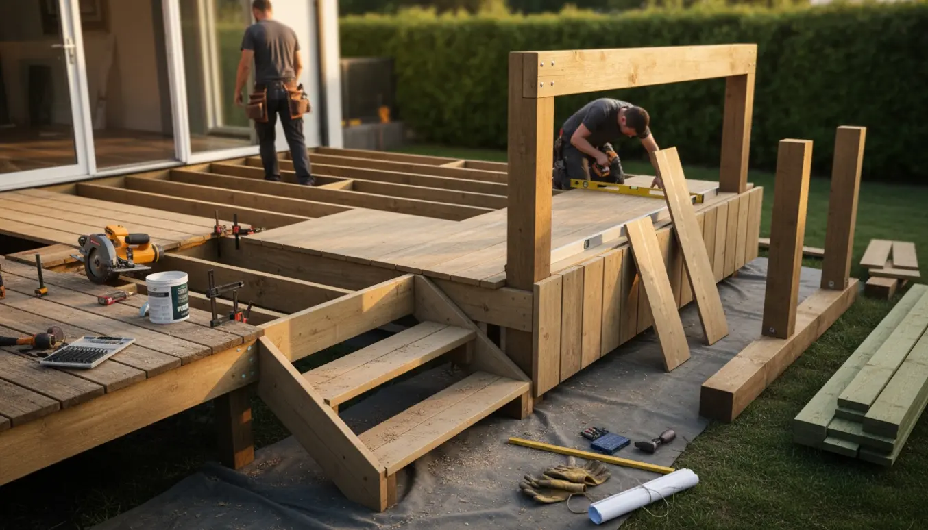 Halvfærdig træterrasseudbygning med nye brædder, trapper og en lille pergola i en solvarm baghave.