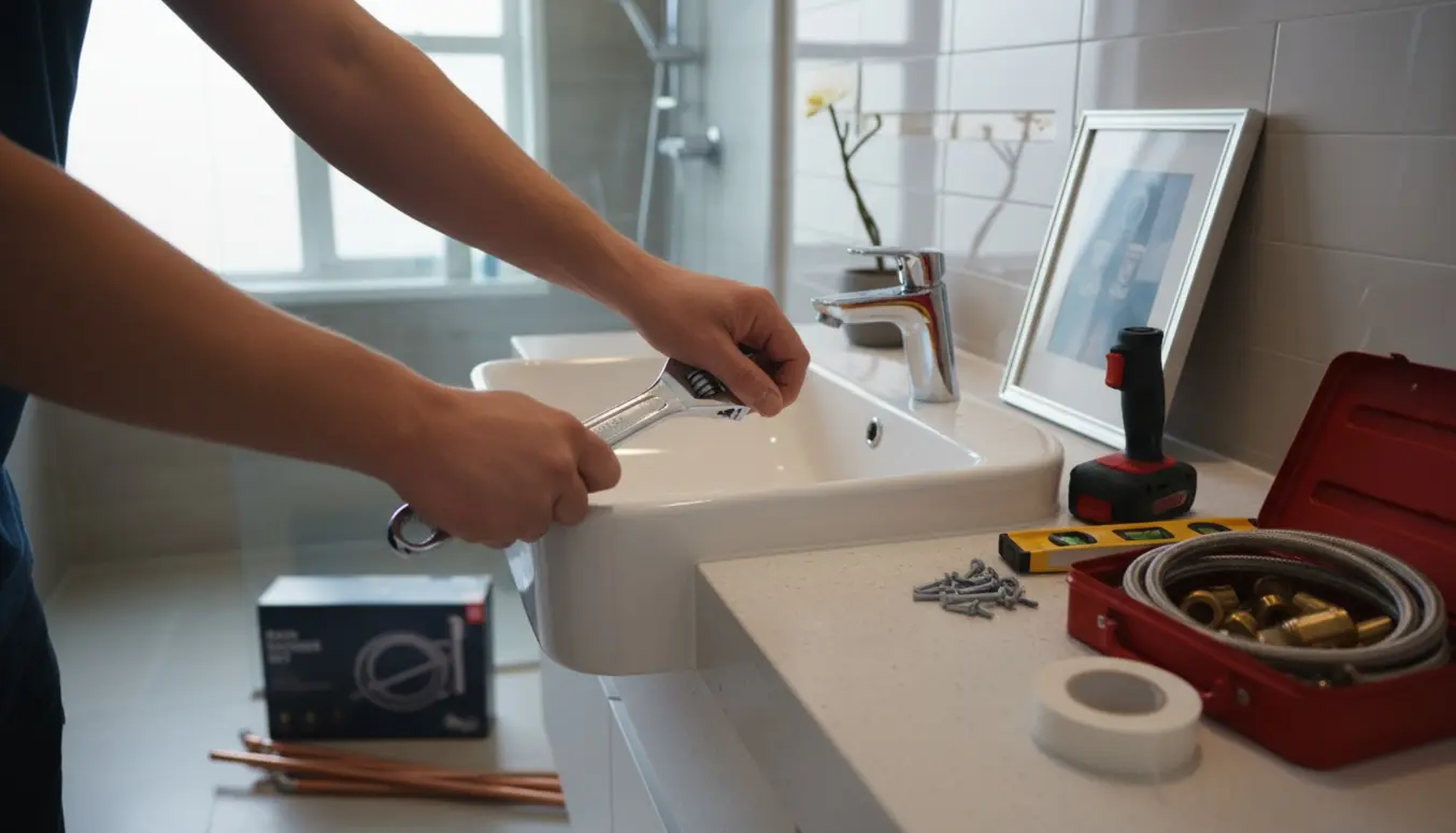 Hænder strammer en løs kromvandhane ved vasken med værktøj og et billedramme klar til ophæng på badeværelset.
