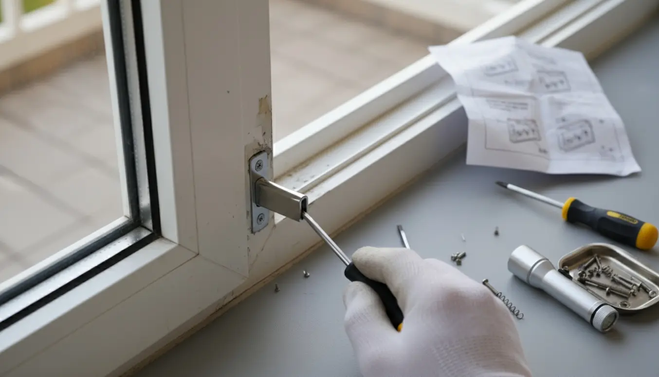 Nærbillede af hænder, der udskifter en lille stanglås i kanten af en altandør med skruetrækker og værktøj.