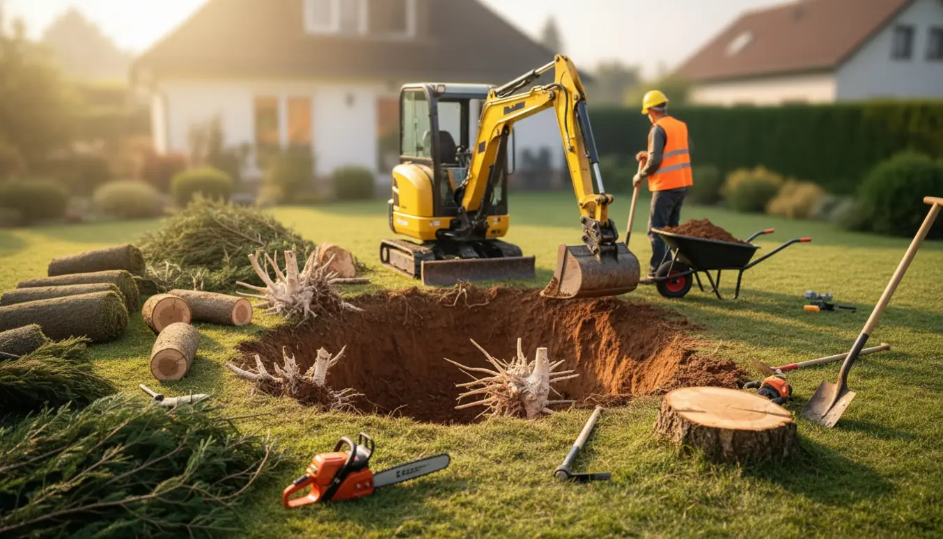 Haven i et hjørne med to fældede tujaer, værktøj og et rundt 3,3 m bredt, 1 m dybt hul klar til en nedgravet trampolin.