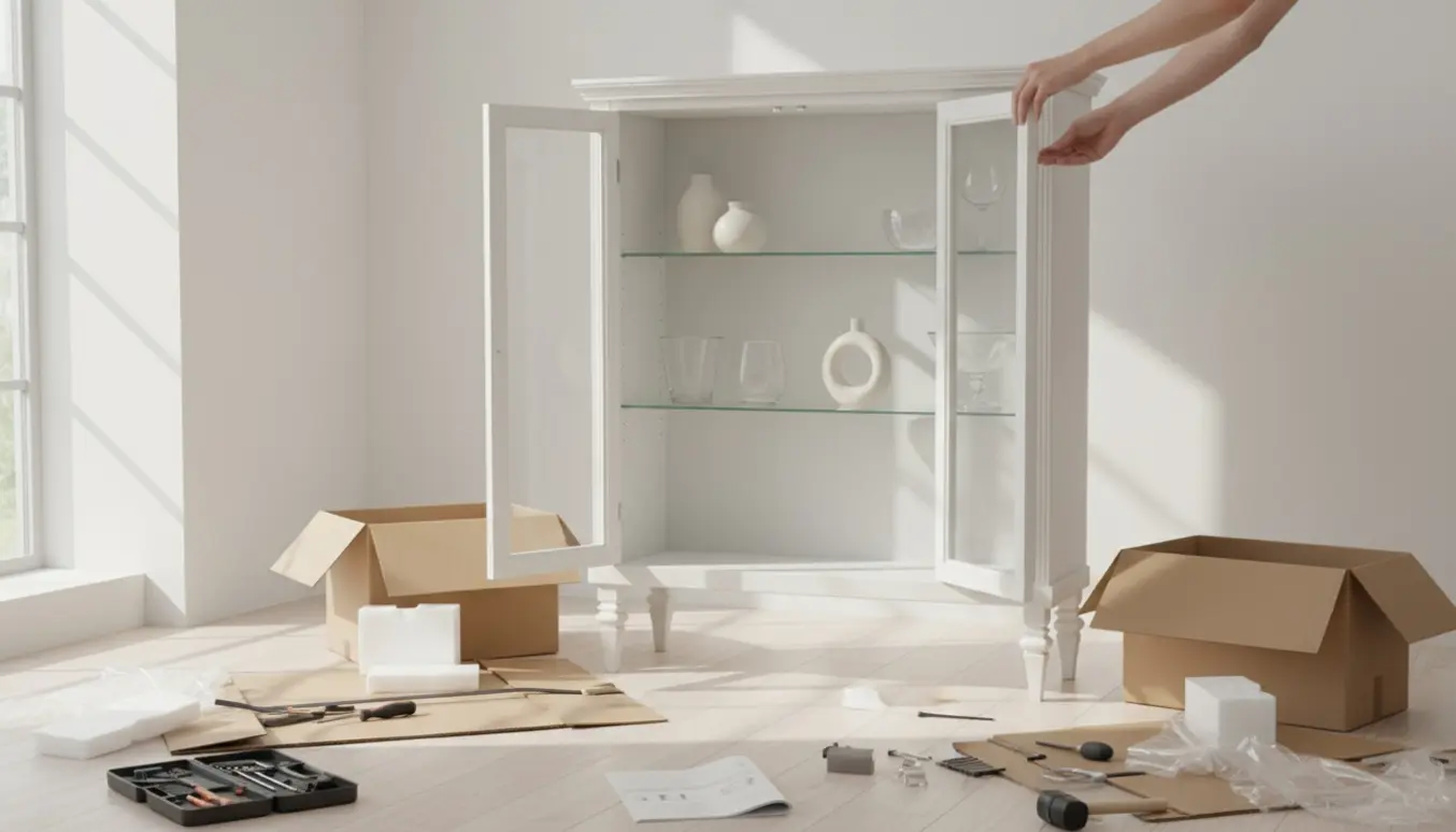 Samlet hvidt vitrineskab med glaslåger i en lys stue omgivet af fjernet emballage og værktøj.