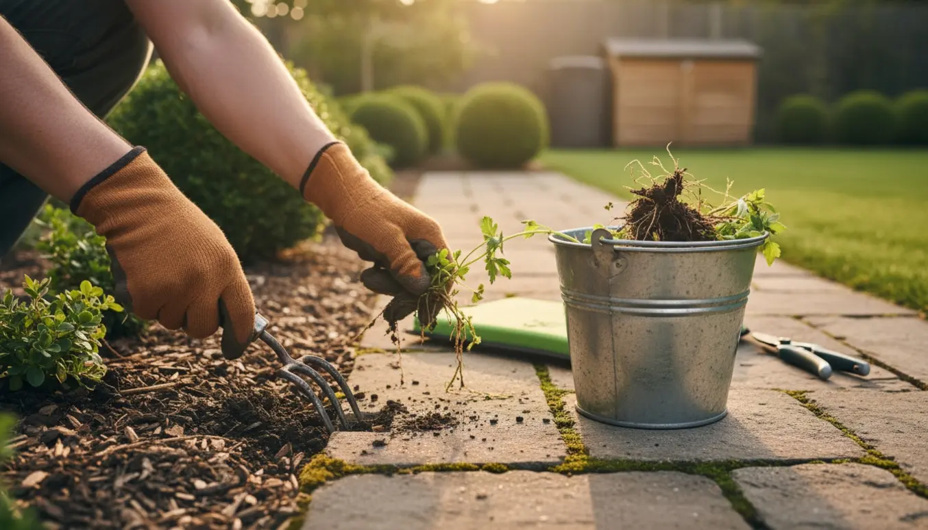 Hænder i handsker luger ukrudt ved kanten af et blomsterbed og mellem fliser med spand og haveredskaber ved siden af.
