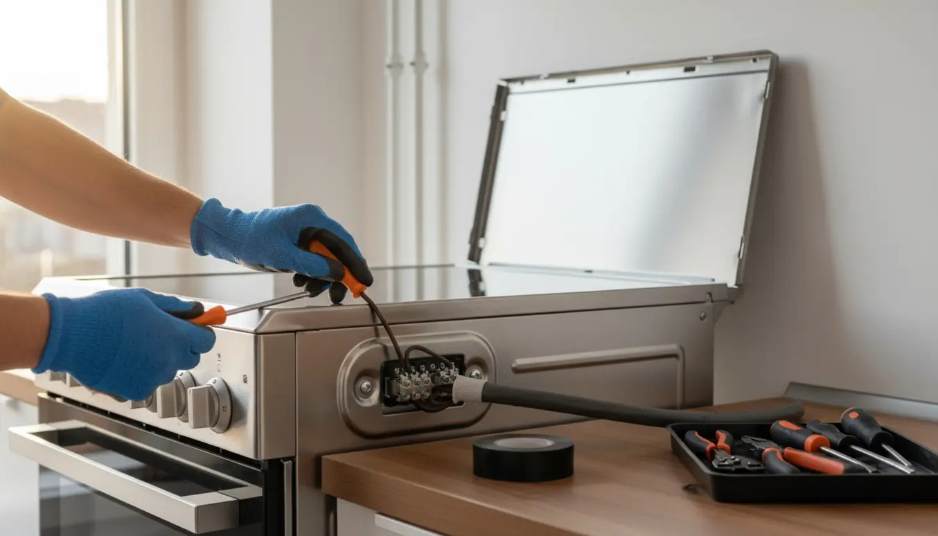 Nærbillede af handske‑klædte hænder, der tilslutter en treleder strømkabel til bagsiden af et nyt komfur i et lyst, moderne køkken.