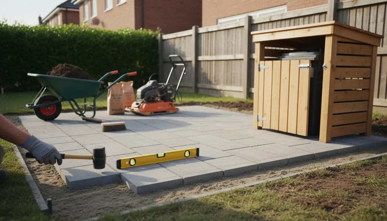 Cirka 10 m² nylagte fliser ved siden af et skræddersyet træs skraldeskjul i en baghave.