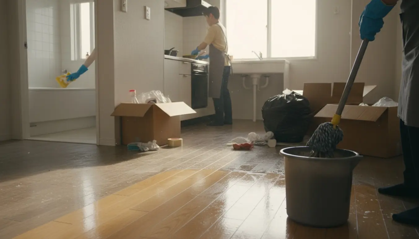 Gummihandsker mopper en beskidt lejlighed efter flytning med flyttekasser og snavs i baggrunden.