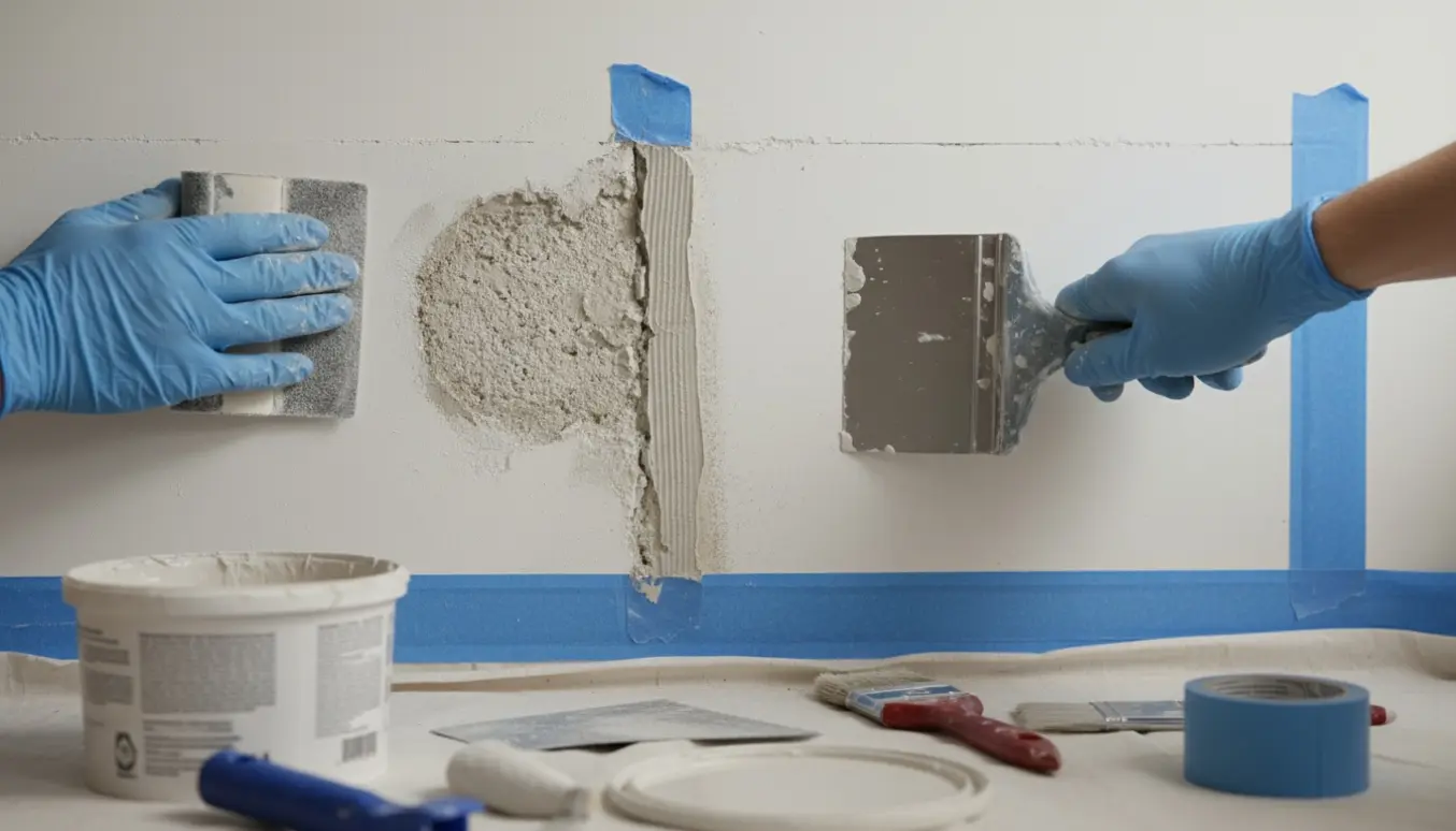 Nærbillede af reparation af revne i gasbetonvæg med spartelmasse, slibning og klar maling.