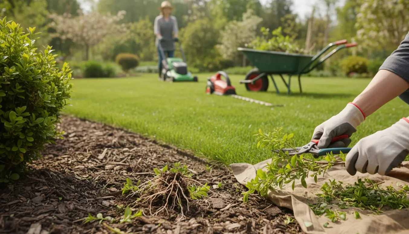 Hænder trækker ukrudt og beskærer en busk ved siden af en nyslået græsplæne med haveredskaber i baggrunden.