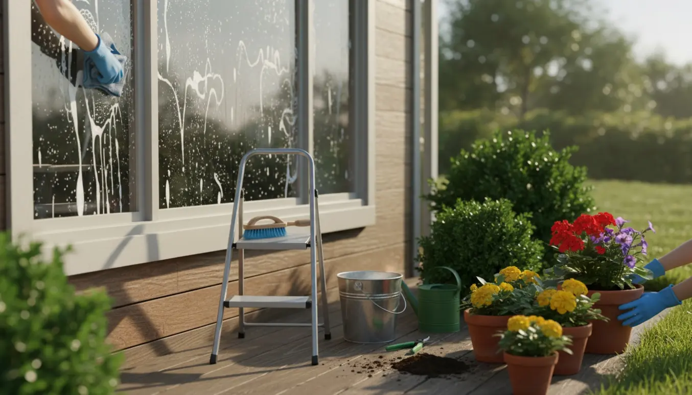 Hænder pudser et vindue ud mod en solbeskinnet forhave med blomster og haveværktøj.