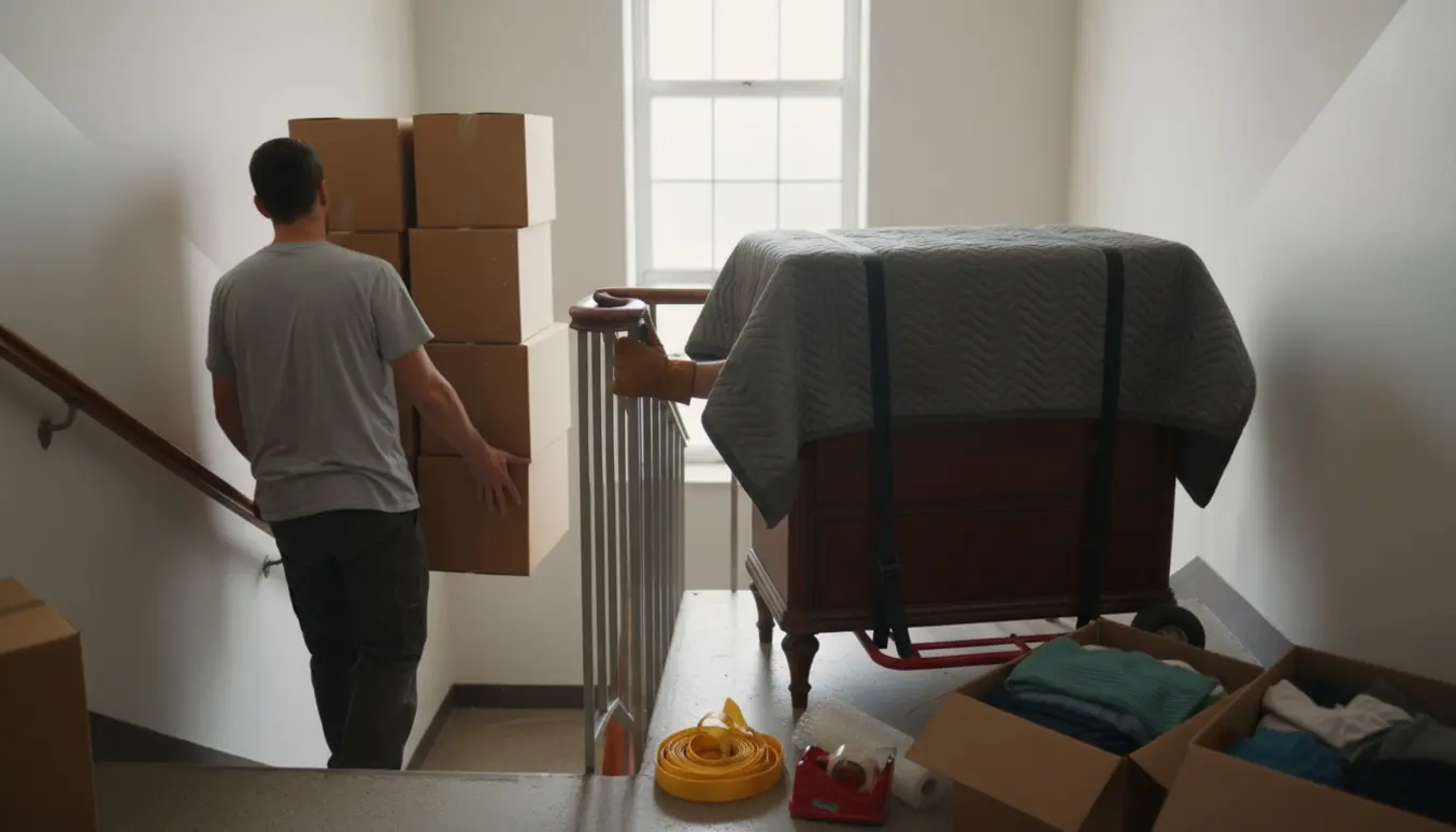 Flyttefolk bærer omkring et dusin flyttekasser ned ad en oplyst trappe fra tredje sal, mens en pakket kommode står på en dolly.
