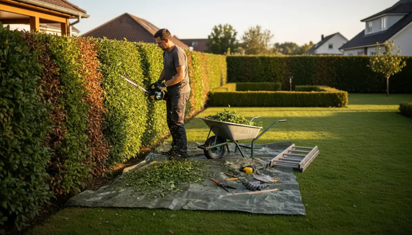 En lang bøgehæk bliver klippet med en elektrisk hækklipper; afklip ligger på en presenning og i en trillebør ved siden af en kortere tæt hæk.