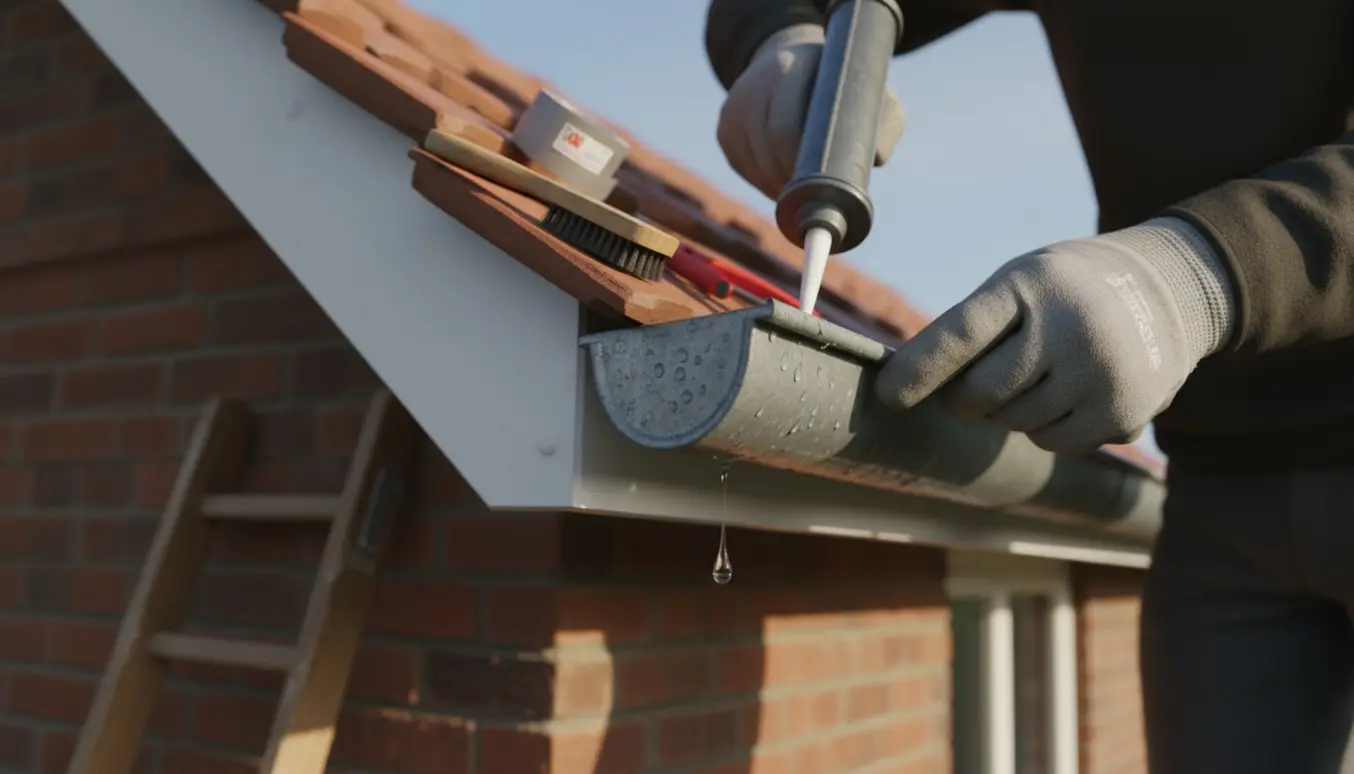 Nærbillede af hænder, der reparerer en utæt zink tagrende med metalplade og tætningsmasse.