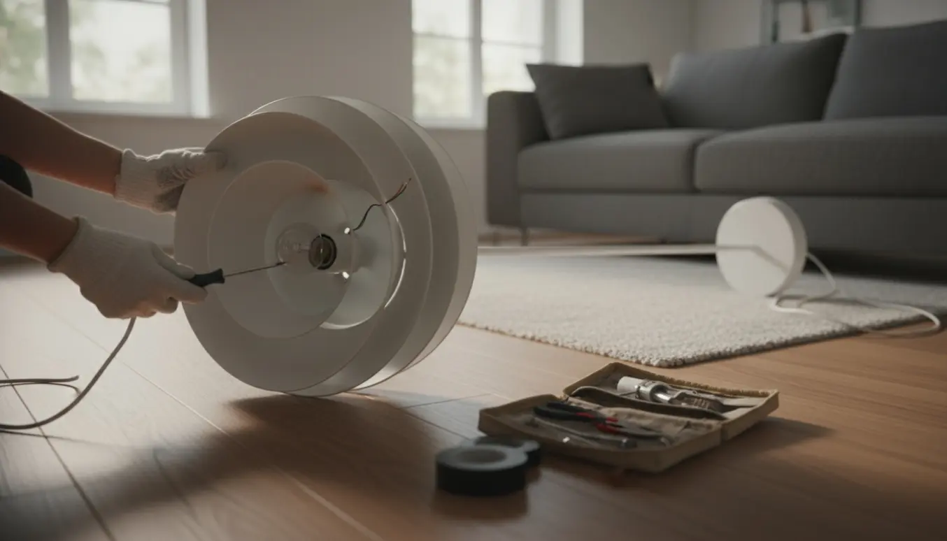 Hænder reparerer en løs fatning på en hvid gulvlampe i en lys stue.