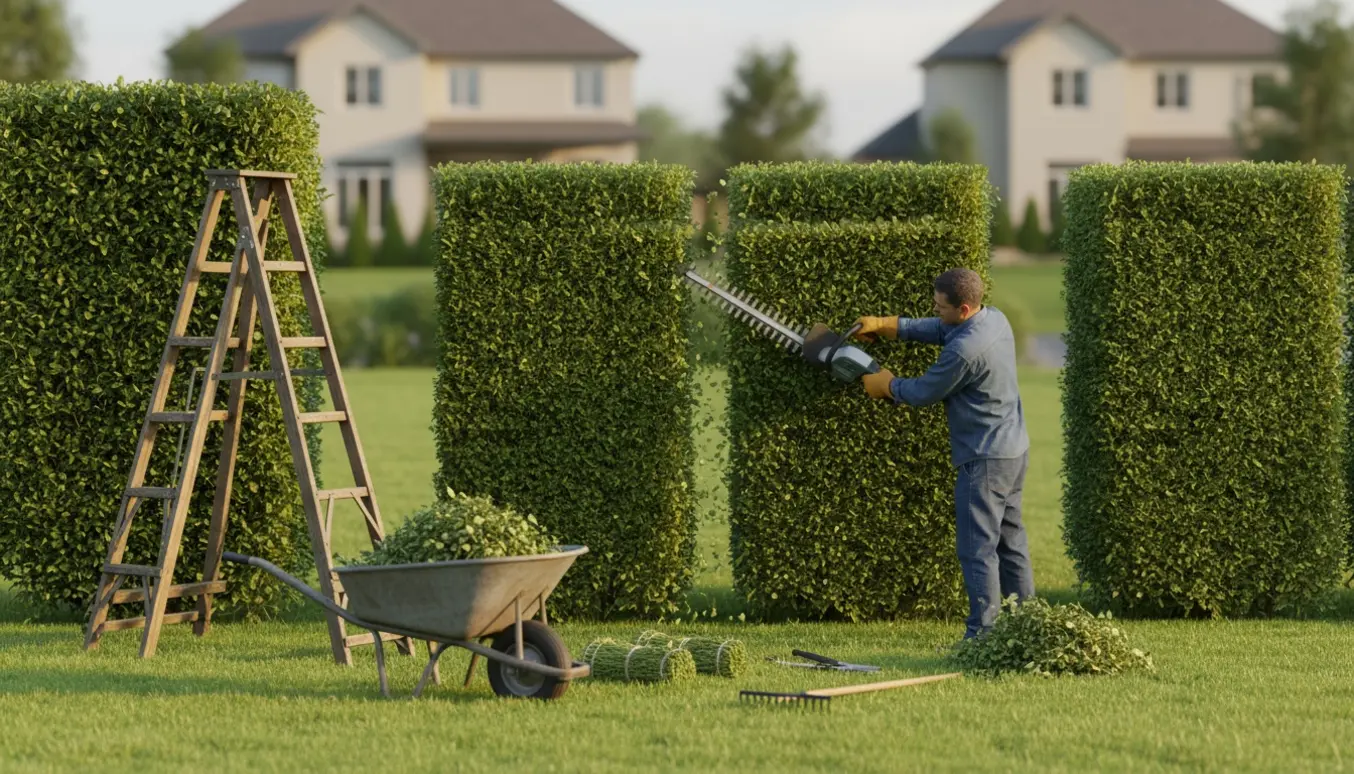 Hækklipning i haven med elektrisk hækklipper, trillebør med afklip og bundter klar til bortkørsel.