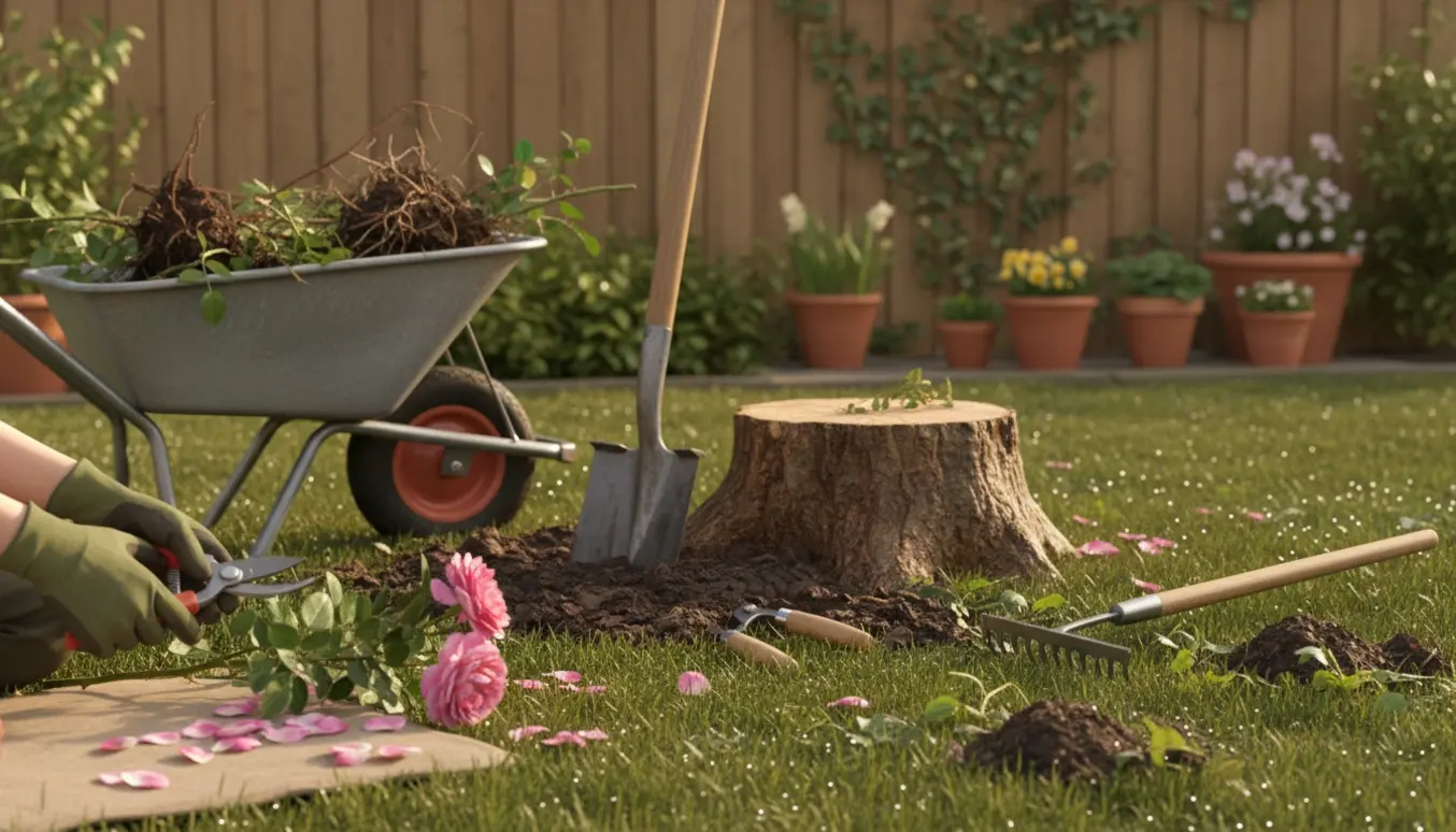 Hænder klipper roser og fjerner ukrudt i en lille forårshave med en delvist udgravet stub og haveredskaber.