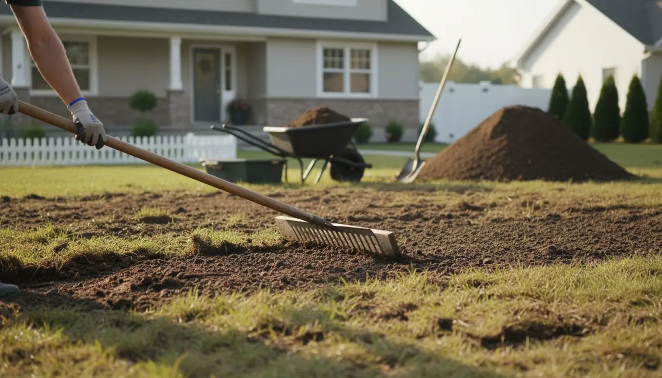 Nærbillede af hænder, der jævner jord på en ujævn græsplæne med rive og planke for at forberede nysåning efter renovering.