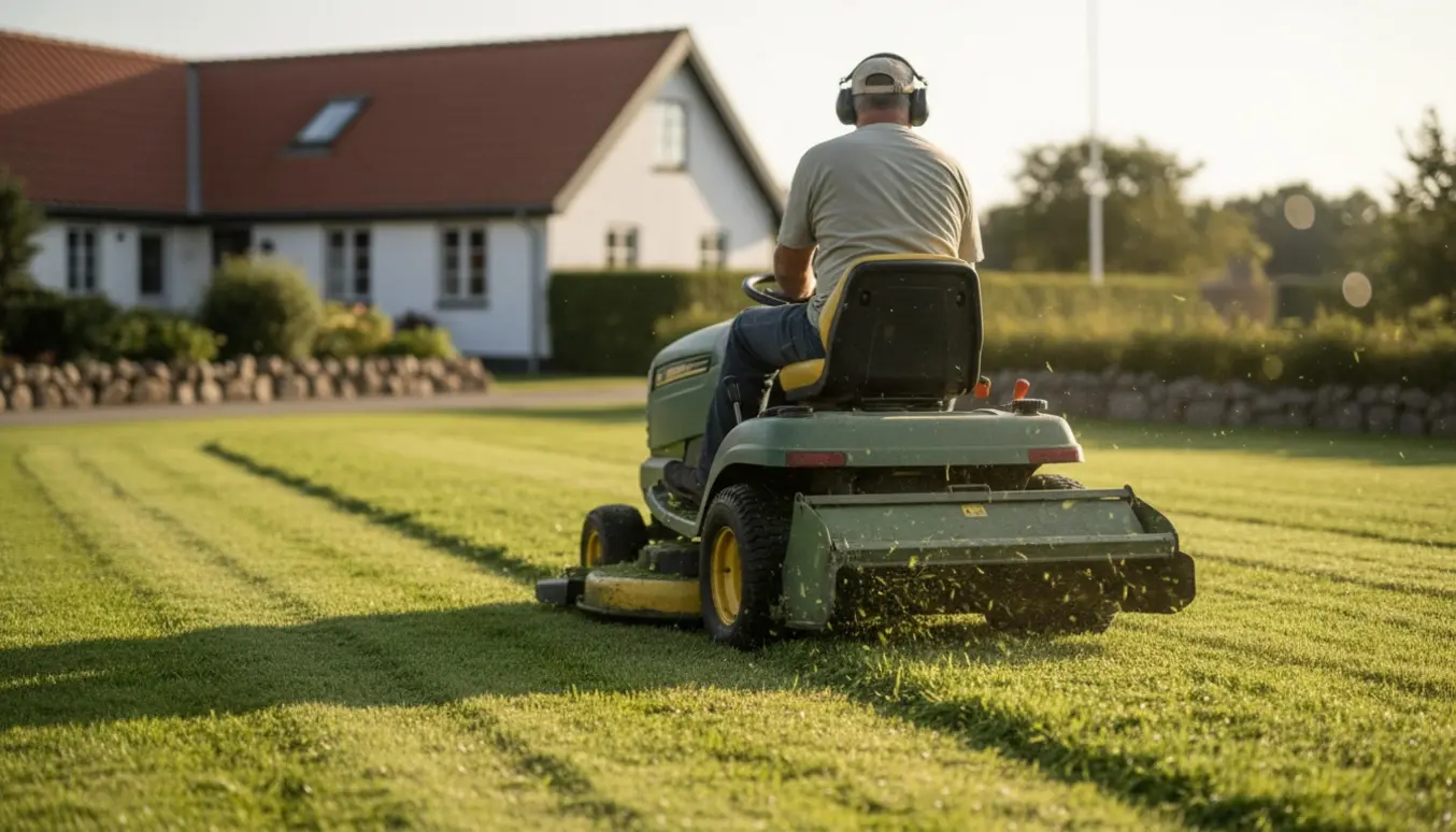 Havetraktor slår en velplejet græsplæne med tydelige striber foran et lille hus.
