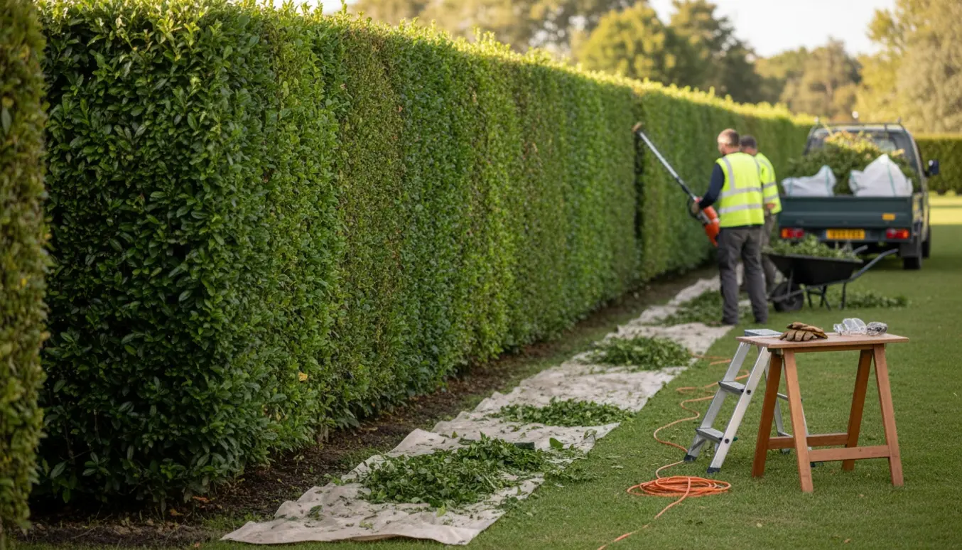 En person trimmer en 1,8 m høj hæk langs en indkørsel med afklip samlet i trillebør og et køretøj klar til bortkørsel.