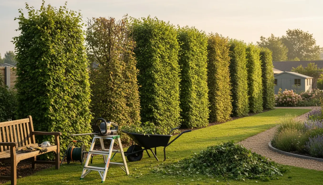 Professionelt beskårne bøge- og egetræshegn ved forhaven med trimmere og bunker af afklip.