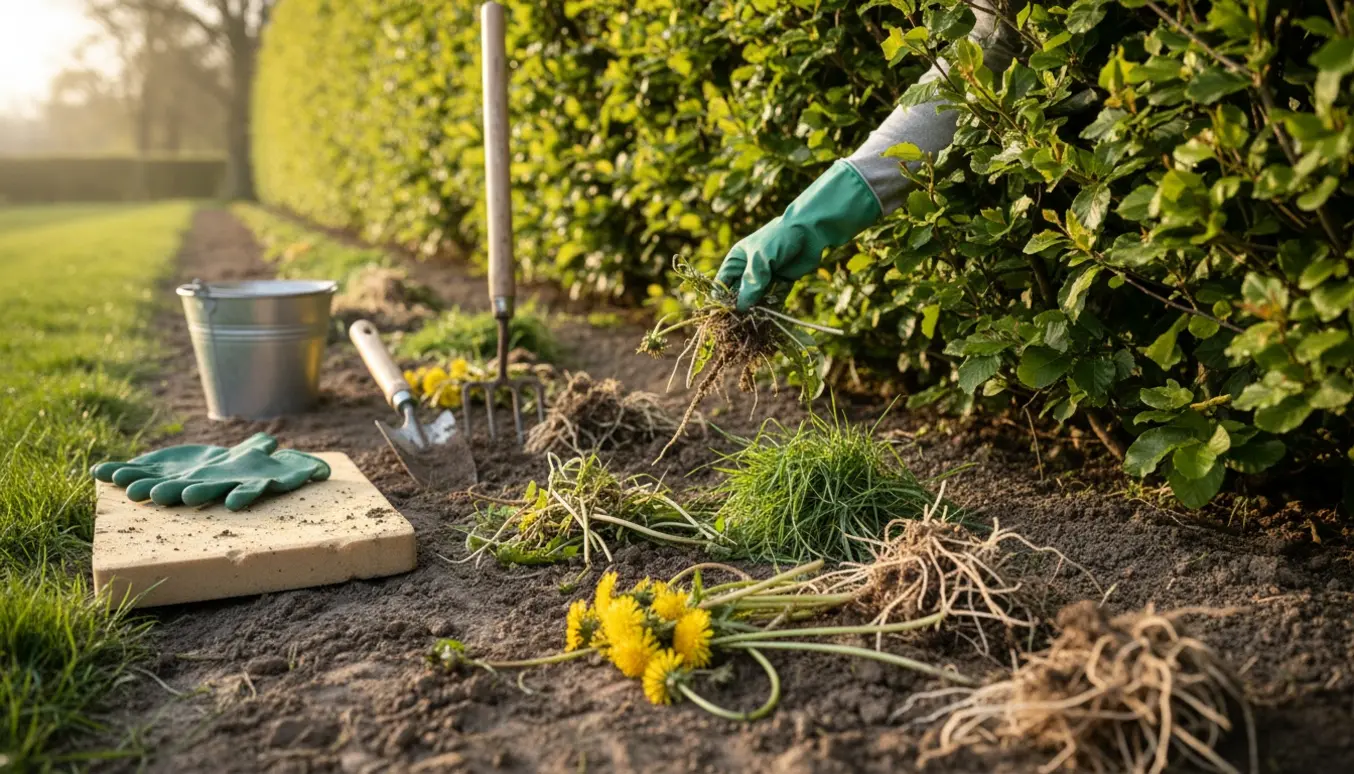 Ukrudt og rødder lagt i tre-fire bunker under en lav bøgehæk med haveredskaber ved siden af.