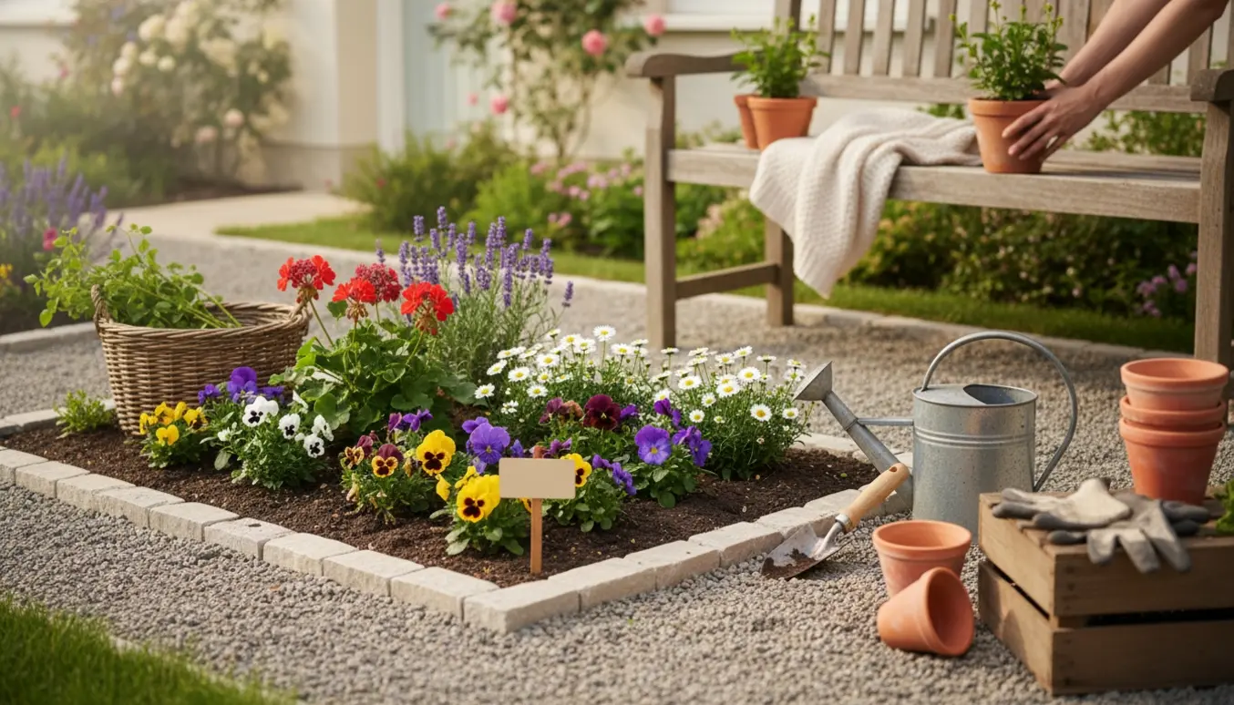 Velordnet lille have med nysatte blomster, pynt, vandkande og haveværktøj.