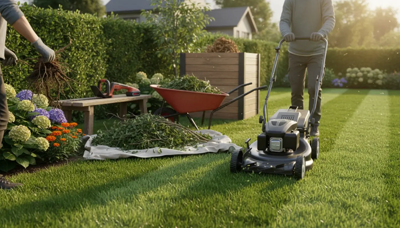 Have opryddes med plæneklipper, nyklippet hæk og trillebør fyldt med løst haveaffald.