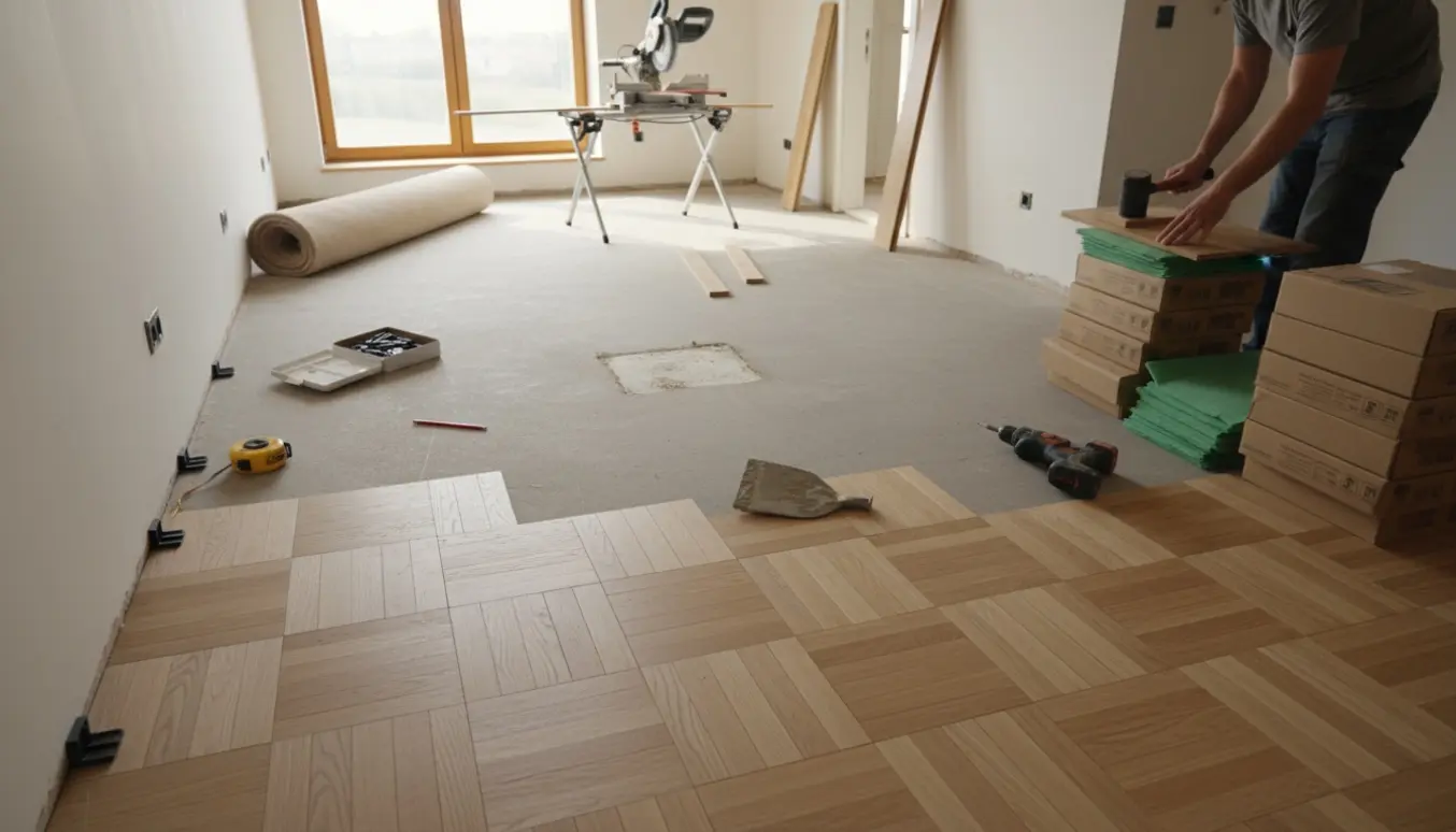 Halvfærdigt parketgulv i en stue med rullet fjernet tæppe, værktøj, planker og tilsavede dørgerigter.