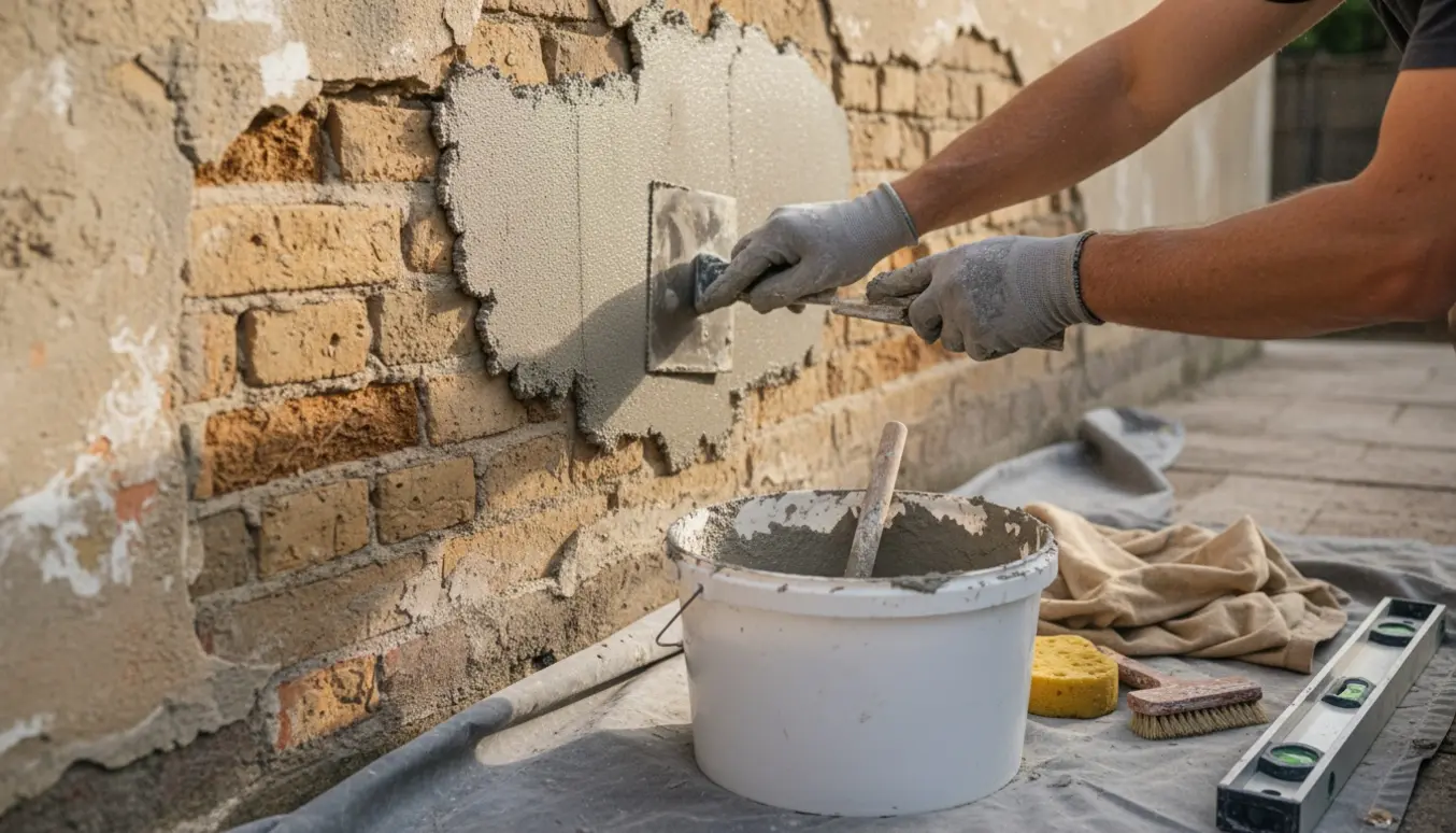 Hænder pudser og reparerer en mur med murske og frisk mørtel.